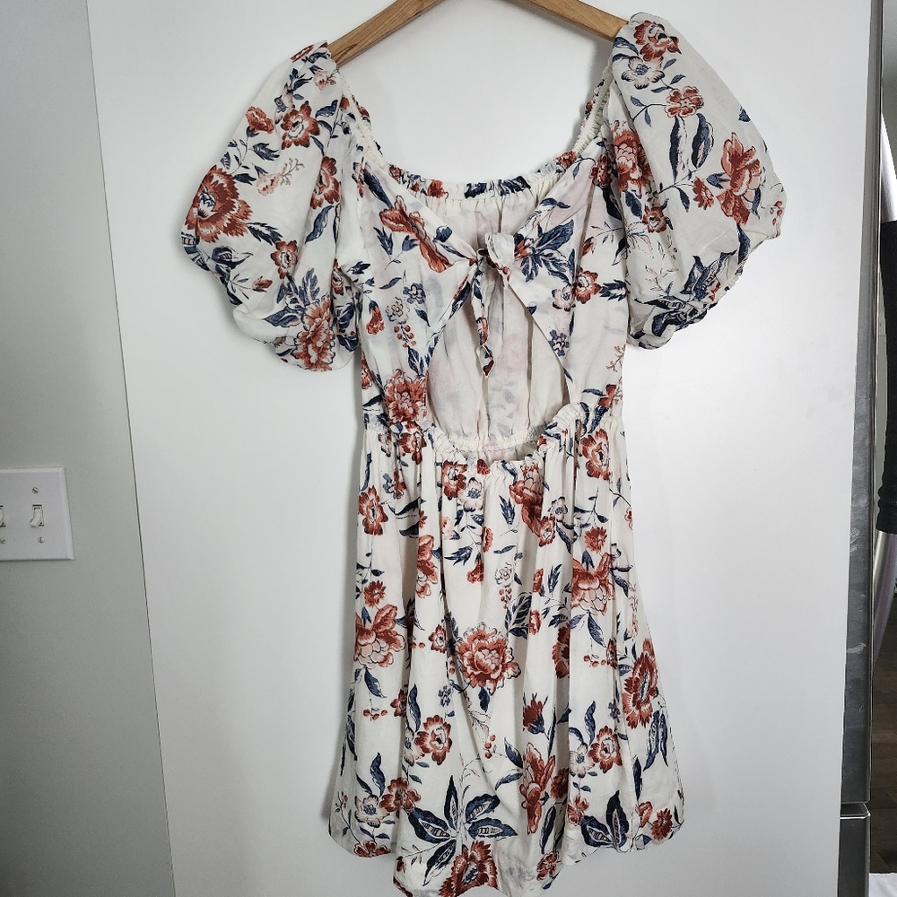 LUCKY BRAND Floral Off Shoulder Mini Dress Puff Sleeve‎ Lined Boho Chic Medium - Picture 9 of 12